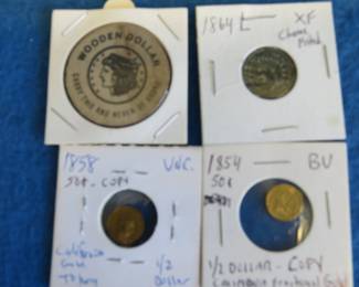 Lot 157. Wooden nickel, 1864 L chrome-plated Indian Head penny, 1854 half-dollar copy California Fractional g