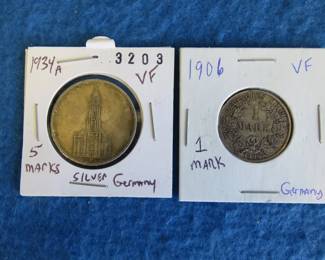 Lot 152. 1906 Silver One Mark Germany  and a 1934 A 5 Marks Silver Germany