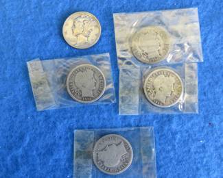 Lot 44. Four Barber Head and one Mercury Dime
