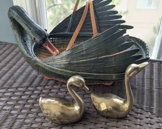 Lot #B6 - Decorative Duck and Swan Collectors Lot - Vintage Basket and Brass Figurines