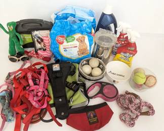 Lot #B106 - Pet Supplies Variety Lot - Harnesses, Toys, Grooming Kit, Bowls & More