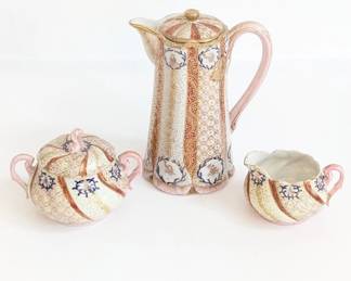 Lot #B91 - Antique Ceramic Coffee Set - Teapot, Creamer, Sugar Bowl with Floral Design
