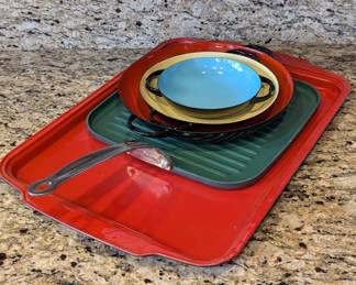 Lot #B76 - Red Ceramic Baking Pan, OrGREENic Non-Stick Grill Pan, Mid Century Caravelle Enamelware Sizzling Servers Nesting Pans