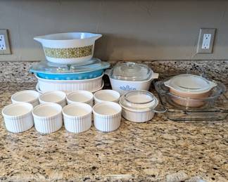 Lot #B75 - Vintage Pyrex and Corning Ware Cookware Collection & Crate & Barrel Large Ramekins