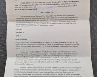 WST002-Mauna Kea Memorial Park Cemetery Plot Deed