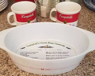 Vintage Campbell’s soup casserole and mugs