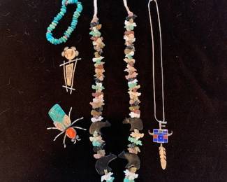 Gary G Sanchez sterling, turquoise and spiny coral bug pin and Ray Tracey pendant necklace (far right)