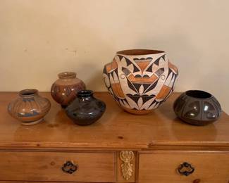 10 3/8" 1930s Acoma pot, Cynthia Starflower (San Ildefonso 1959 - ), Tomasa Mora and other Mata Ortiz pots