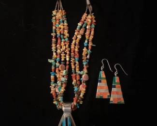 Vintage Daniel Coriz (Santo Domingo) sterling, turquoise, spiny coral necklace and earring set