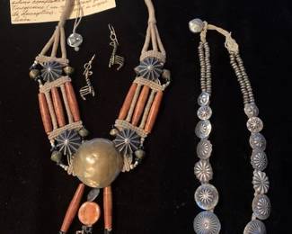 Mary & Doug Hancock/Mummy's Bundle silver and bronze collar, 1989 and Navajo button choker