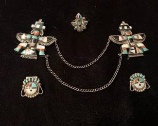 Older unsigned knifewing pins and ring, sunface pins