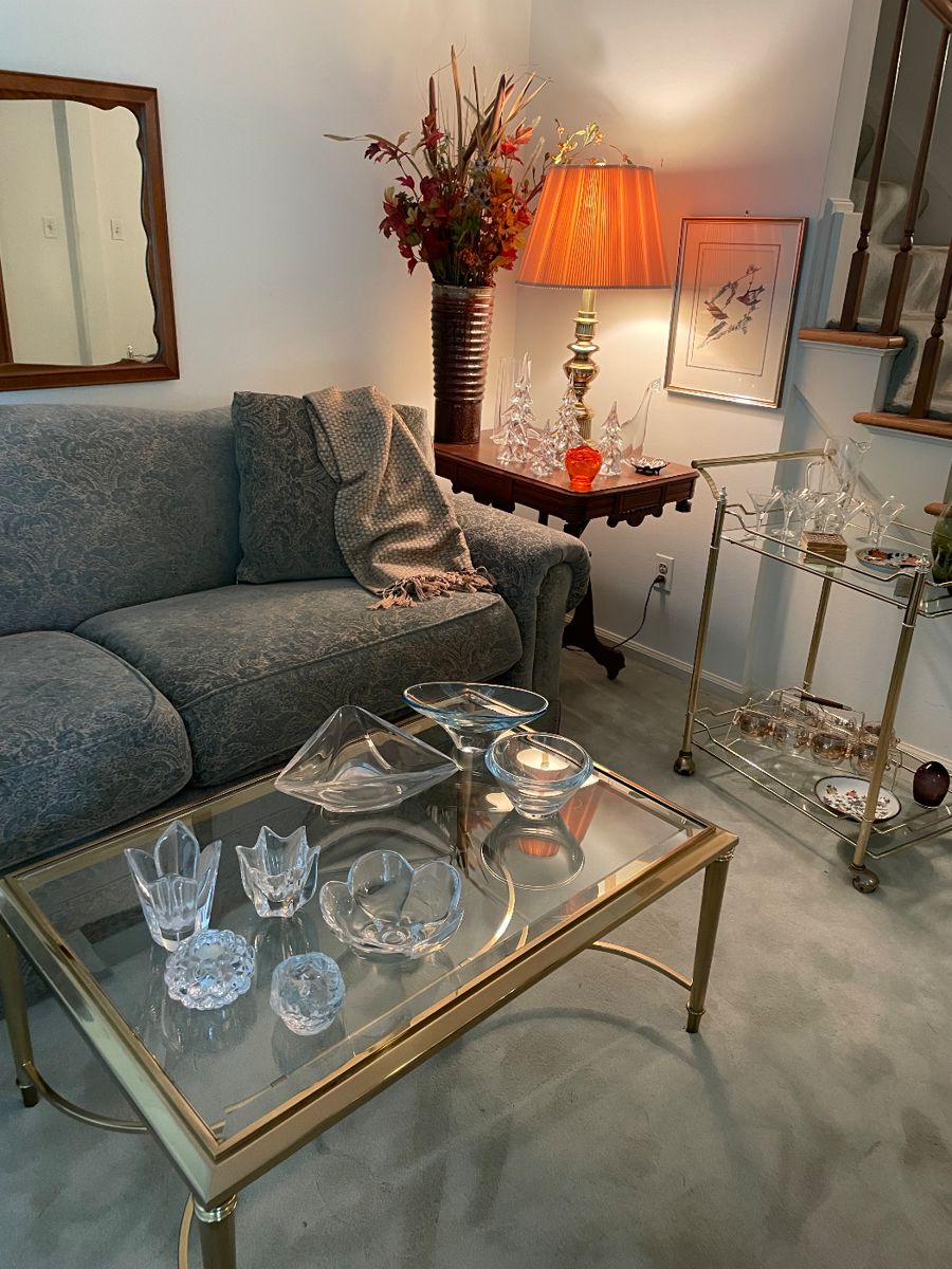 Drexel couch, antique side table, brass and glass coffee table, MCM bar cart and More!