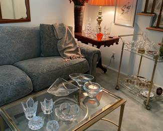 Drexel couch, antique side table, brass and glass coffee table, MCM bar cart and More! 