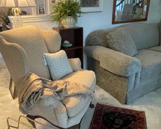 Wingback chair by Thomasville, brass magazine rack and more 