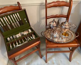 Silverplate flatware and tea set 
