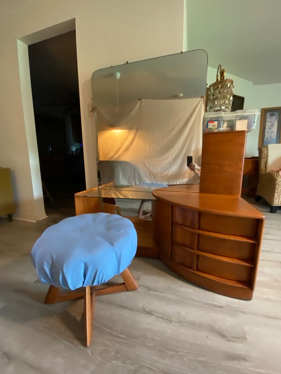 Haywood Wakefield vanity and original stool has original cover underneath