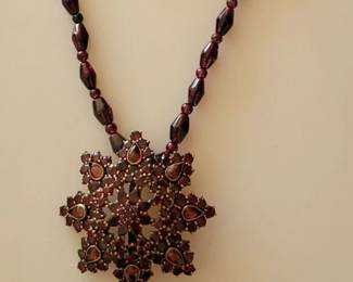 Antique garnet necklace chain and brooch and clip-on earrings from Czechoslovakia