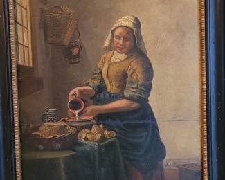 Reproduction of an antique Dutch Old Master Oil Painting on canvas, depicting Jan Vermeer's famous 1657 work, "The Milkmaid," or De Melkmeid, which depicts a domestic kitchen maid carefully pouring milk into an earthenware container. This particular artwork likely dates to the late 18th - early 19th century and is a very fine rendering of a Vermeer. 
