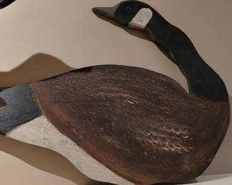 Nancy Thomas wooden goose looking back, signed and dated #3 1980, has repair