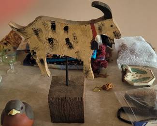 Nancy Thomas signed wooden goat, dated 1989