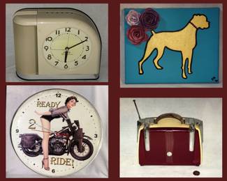 Repro Clocks, Signed Dog Art and Vintage Transistor Radio