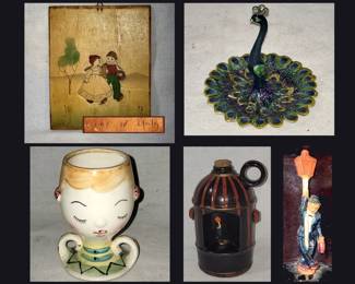 Wooden Plaque Made in Italy, Peacock Ring Holder, Vintage Head Vase and Music Box 