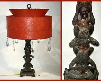 One of a Pair of Monkey Lamps; One with Mid Century Modern Shade