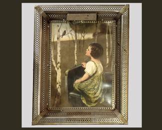 Sweet Vintage Lighted Print in Pierced Metal Frame 