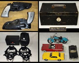 Plastic Toy Guns, Globe Wernicke Cash Box, Dr. Prepare Crampons/Cleats-Brand New in Box and Small Cars 