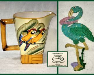 Pacific Rim Hand Painted Pitcher with Macaws and Flamingo