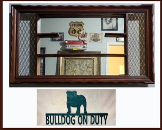 Large Vintage Mirrored Wall Shelving Unit/Shadow Box & Metal Bulldog Sign  
