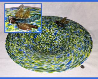Very Large Murano Style Glass Bowl with Attached Glass Dragonfly