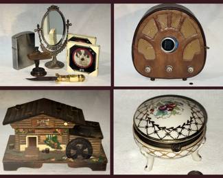Large Lighter, Decorative Mirror, Dog Coasters, Monkey Soap Dish, Dagger, Repro Radio Case, German Music Box and Trinket Box