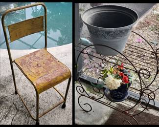 Very Cool Old Metal Chair and One of Many Metal Plant Stands
