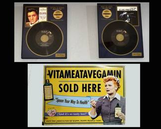 Elvis Collectibles and Lucille Ball Sign Depicting the Very Funny Vitameatavegamin Show
