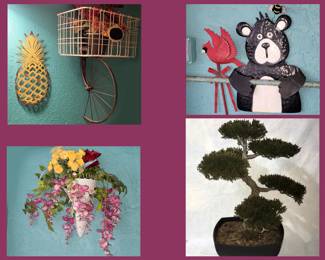 Metal Pineapple, Bike Basket, Metal Yard Art, Wall Pocket and Plastic Bonsai 