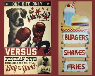 Postman Pete Poster and Hanging Metal Burger Sign