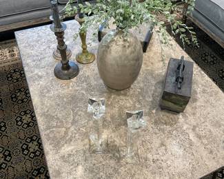 brass and metal tapper candle holders, crystal candle holders, faux plant in ceramic vase, ceramic and metal decorator box 