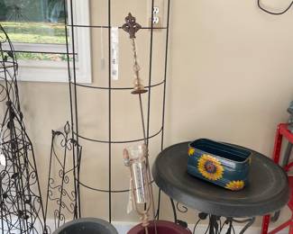 heated bird bath, planters, and trellis