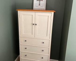 Tall 4-drawer dresser with upper cabinet and "cross" framed