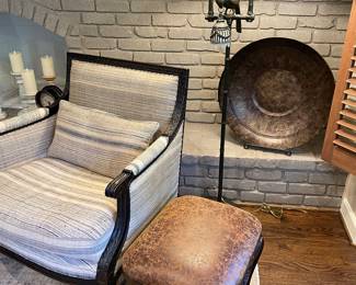 Another view of the Ralph Lauren armchairs (2 available)  and leather footstool, metal floor lamp with bird, and large metal bowl with stand