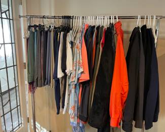 Men's pants and shorts (size 38), golf polo shirts, 1/4 zips, sweaters and jackets: size L and XL 