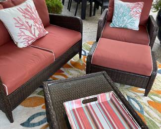 Outdoor patio furniture:  2-cushion loveseat, coffee table, chair and ottoman 