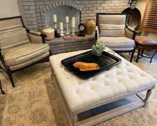 Another view of the Ralph Lauren armchairs, 42" square ottoman and Pakistan 100% wool area rug (11' x 8' - approx.), large meal tray, metal and leather footstool, and decor