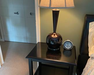 Black nightstand with lower drawer, and brown - high-gloss tall table lamp