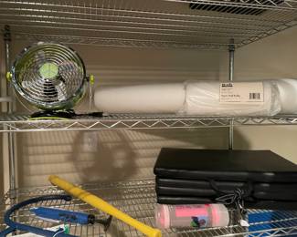 Exercise essentials:  fan, foam rollers, foldable mat, back massager, and ball pump