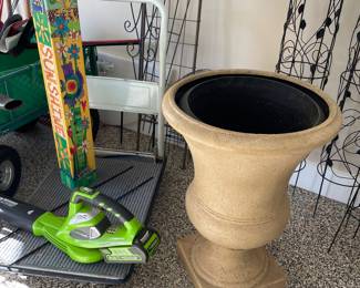 Large resin planter, hand cart, garden art pole and trellis