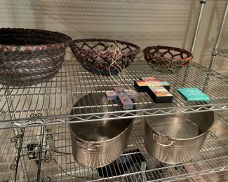 Trinity wire shelves with casters, drink buckets, and art fair baskets