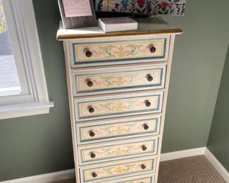 Neiman-Marcus lingerie chest of drawers with hand-painted details and gold-leaf