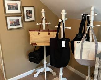 set of 3 prints; white child's coat racks (3 available); tote bags (some new with tags)
